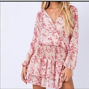 Princess Polly Pink Cream Mini Dress Smocked Gathered Floral Size 4